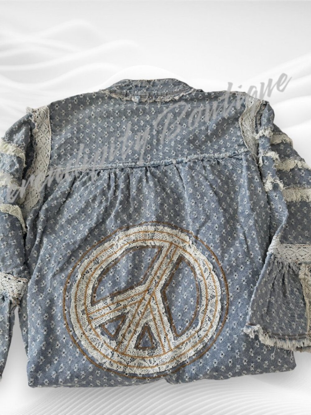 POL NWT Denim Eyelet Lace Peace Sign Maxi Duster Kimono Jacket Boho Festival - Picture 8 of 11